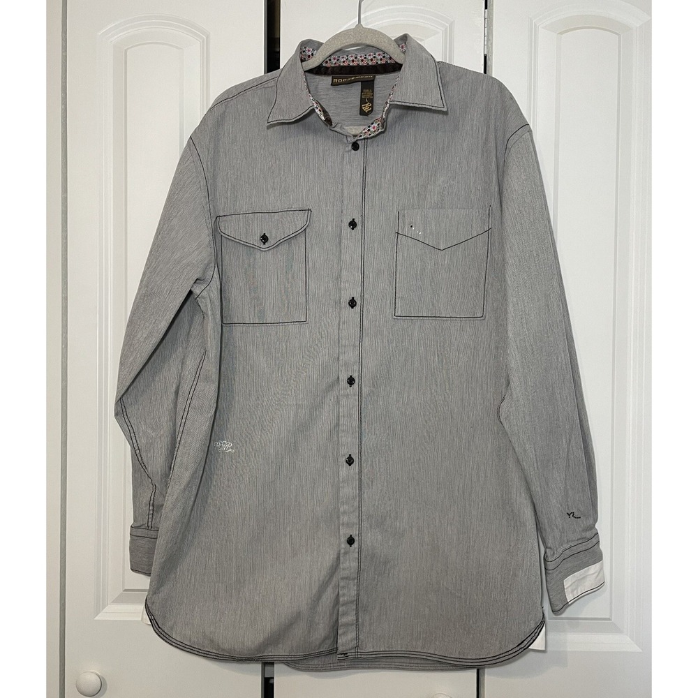 ROCAWEAR Shirt Mens Sz L  Gray Button Up Embroidered Longs Sleeve, 100% Cotton